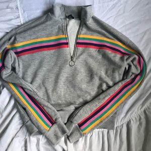 Grey and colorful striped cropped quarter zip